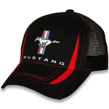 Ford Mustang Men's Trucker Hat Embroidered Pony Tri Bar Emblem Cap in Black/Red