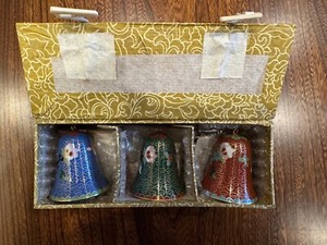 Vintage Cloisonné Bells Enamel Brass Flowers Set of 3