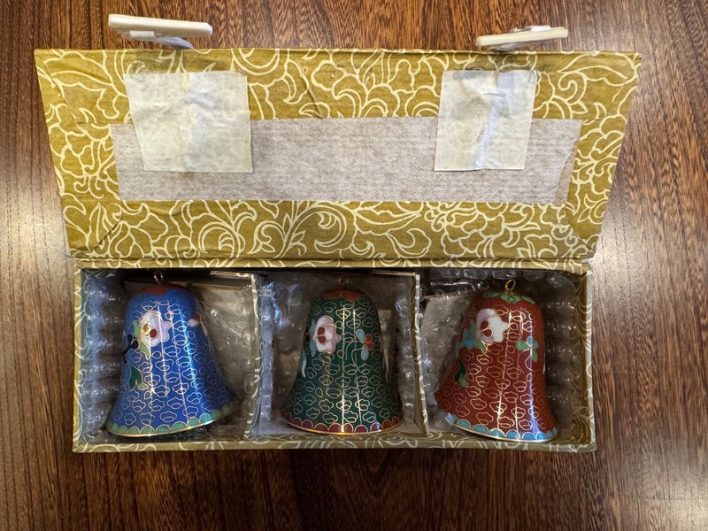 Vintage Cloisonné Bells Enamel Brass Flowers Set of 3
