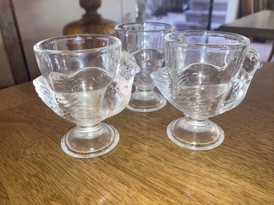 3 Vintage Luminarc Clear Glass Chicken Hen Rooster Egg Cup Made In France