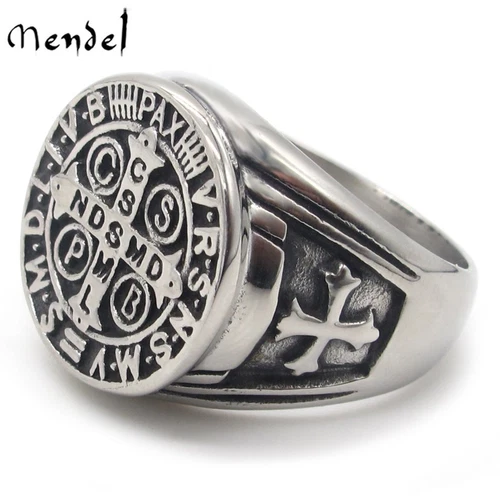 MENDEL Mens Catholic St Saint Benedict Cross Ring Stainless Steel Exorcism Medal