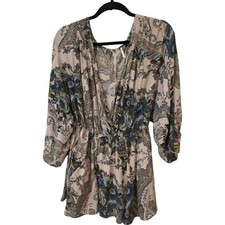 Free People Wrap Mini Dress Womens XS Multi Floral Pleated V-Neck Long Sleeve