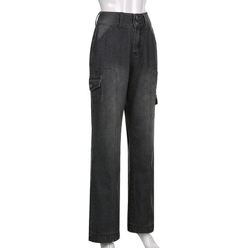 Pantalones de mezclilla rectos informales de cintura alta sueltos de moda con múltiples bolsillos para mujer - Imagen 11 de 39