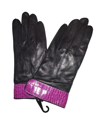 Ladies Purple Croco Cuff Genuine Leather Gloves , Black,Large - Bild 2 von 2