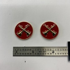 2 Bugles Crossed Gold In Red Disc Fire Collar Brass- Pin- NEW - Per Pair