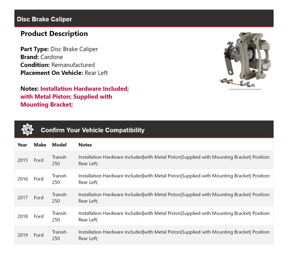 Pinza de freno de disco trasera izquierda Cardone 2016 2017 para Ford Transit-250 2015-2019 Foto 2 de 4