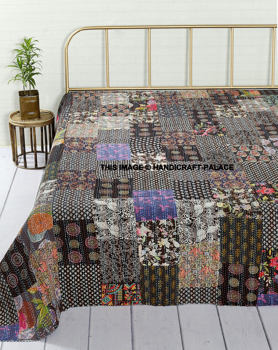 Indian Patchwork Kantha Quilt Handmade Black Bedspread Cotton Reversible  Bedding - Main Image