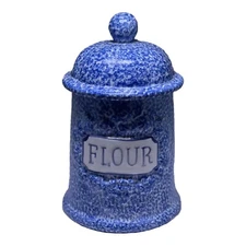 N. S. GUSTIN CO. Hand Decorated Stippled Blue & White Flour Canister Vintage
