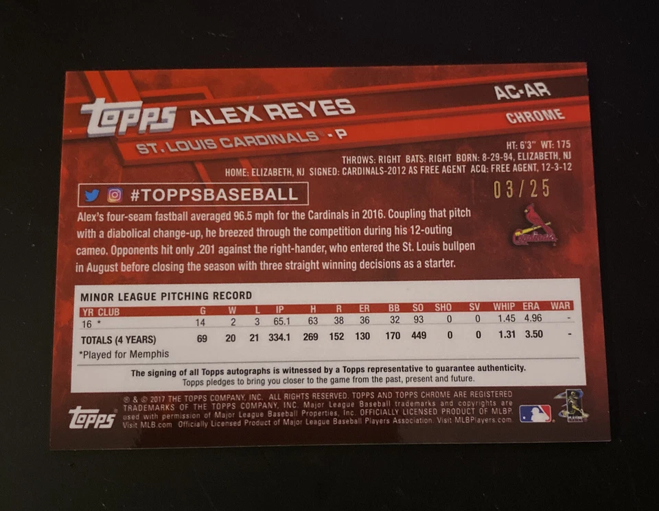 2017 Topps Chrome Orange Sapphire /25 Alex Reyes Rookie RC Auto Cardinals #RA-AR - Image 2 of 2