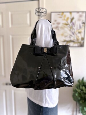 Salvatore Ferragamo Black Patent Leather Miss Vara Selene Bow Front Tote Bag