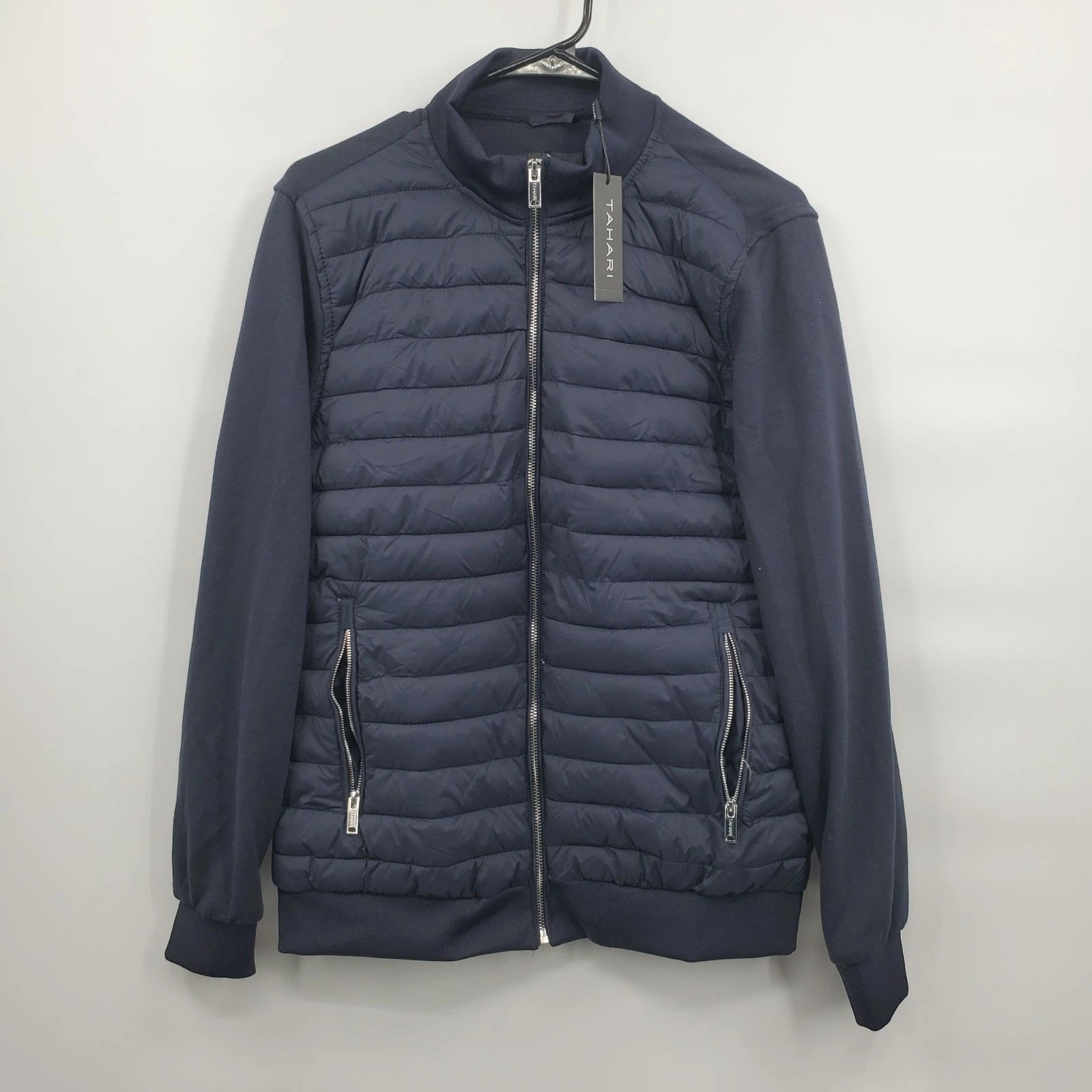 TAHARI Quilted Mix Zip Up Mock Neck Jacket Men Size Small NWT Navy Blue