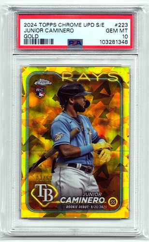 2024 Topps Chrome Update Sapphire Junior Caminero RC Gold Refractor 32/50 PSA 10