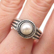 925 Sterling Silver Vintage Real Pearl Modernist Oxidized Ring Size 7