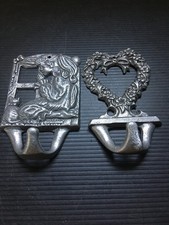2 Vintage 1990s Cast Aluminum Wall Hooks, Praying Girl & Cat + Wreath & Bow ~5"H