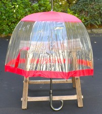 VTG TOTES RED  CLEAR BUBBLE UMBRELLA 29" WIDE BLACK CURVED HANDLE VERY GOOD 