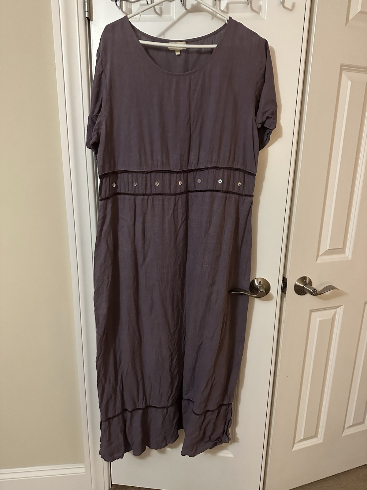 Vintage J Jill Maxi Dress Size Large Purple 100% Linen Hand Colored USA Button