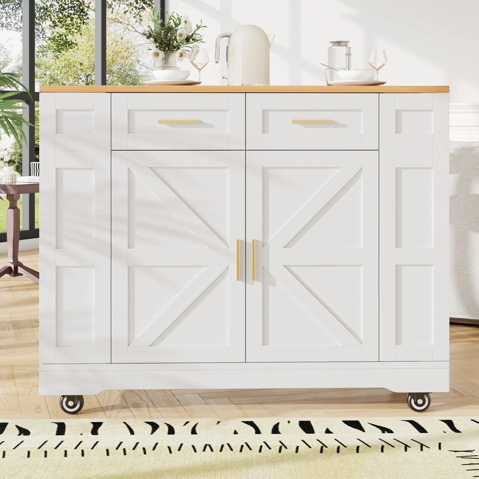 ROLLING KITCHEN ISLAND WITH DROP LEAF TOP, 2 STORAGE DRAWERS & SPICE RACK, WHITE - Image 2 of 4