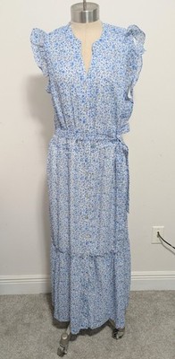 Draper James Blue Button Front Flutter Sleeve Maxi Dress XL Floral Cottage Lined