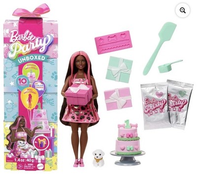 Barbie Party Unboxed PET Birthday~10 Surprises~DOLL INCLUDED~Color Changing Hair