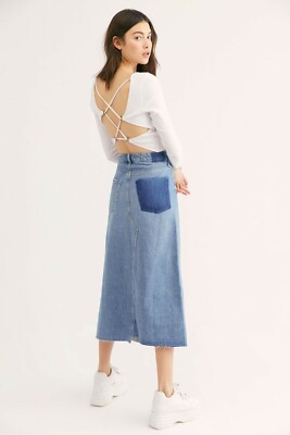 asymmetric destroyed denim midi skirt