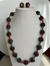 Vintage Rudraksha beads With Tibetan copper cap and Coral and Turquoise necklace