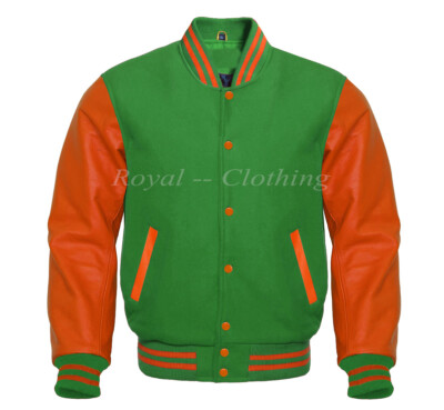 Letterman Varsity Green  Wool and Genine Orange Leather Sleeves Jacket S~7XL