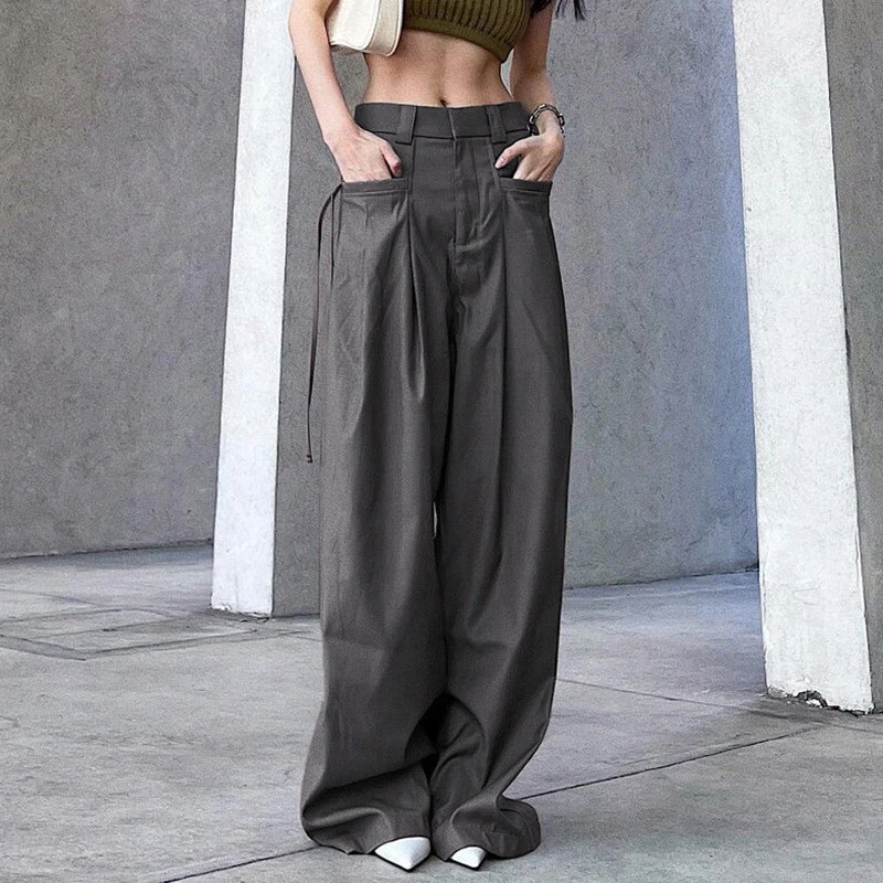 New Fashion Spicy Girls Fashion Retro Street Loose Low Waist Solid Woven  Pants