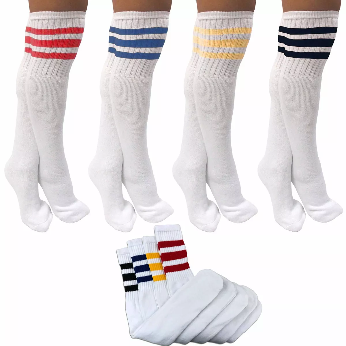 4 Pair Assorted Knee High Tube Socks 3 Stripe Old School 24 Soccer Sports  13-15