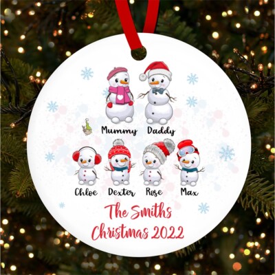 Snowman Family Of 6 Round Bauble Personalised Christmas Tree Ornament ...