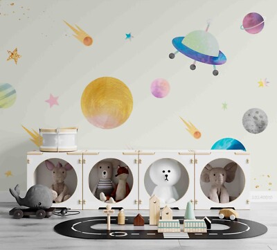 3D Planet Rocket Spaceship Watercolor Self-adhesive Removable Wallpaper Murals