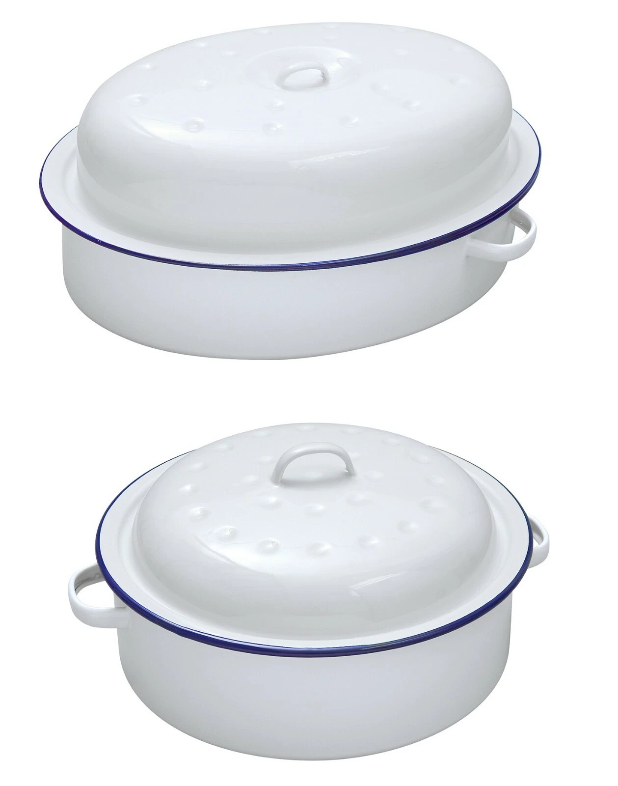 Enamel Round / Oval Roaster Dish Roasting Oven Tray Casserole Pan White With Lid
