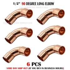 6 PCS 1/2" CxC Wrot Copper 90° Long Turn Elbow ( For 5/8" O.D. Pipe ) LEAD FREE