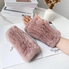 Women Winter Genuine Rex Rabbit Fur Knitted Gloves Warm Fingerless Wrist Mittens