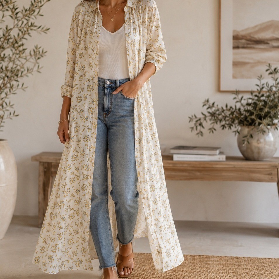 UNIQLO Floral Maxi Dress or Long Duster Cardigan Cream Women's XL Minimalist