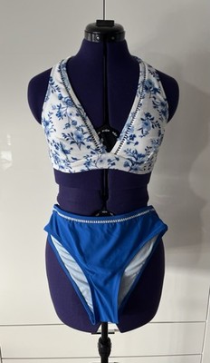 Cupshe Bikini Set Neckholder & High Waist, blau/weiß, Größe S/38