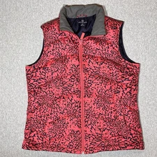 Lands End Womens Zip Front Down Puffer Vest Sz M 10-12 Pink Floral Print Pockets
