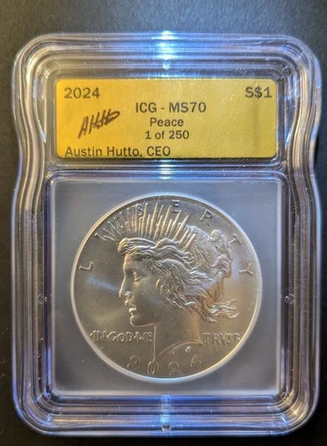 .999 PURE SILVER!! 2024 Peace Dollar ICG MS70 Signed by Austin Hutto 1 of 250