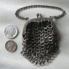 Antique Chatelaine Victorian Silver Frame Chain Mail Flat Ring Mesh Coin Purse