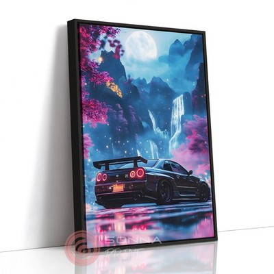 NISSAN GTR R34 SKYLINE WASSERFALL MONDNACHT Kunst Schwebeeffekt gerahmte Leinwand