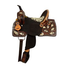 Wilma Longhorn Barrel Style Saddle Tooling Hair On Cowhide Inlays FQHB 13" NEW