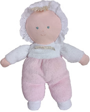 Vintage Eden Plush Baby Girl Doll Pink White Terry Cloth Eyelet Bonnet Yarn Hair