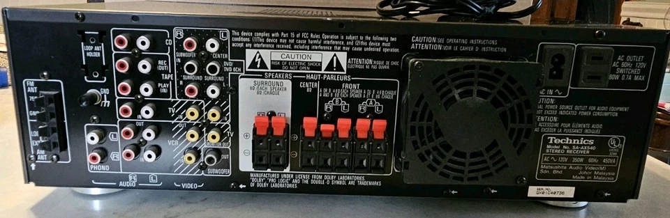 Technics SA-AX540 AV Control Stereo Receiver Dolby Pro Logic - Image 4 of 4