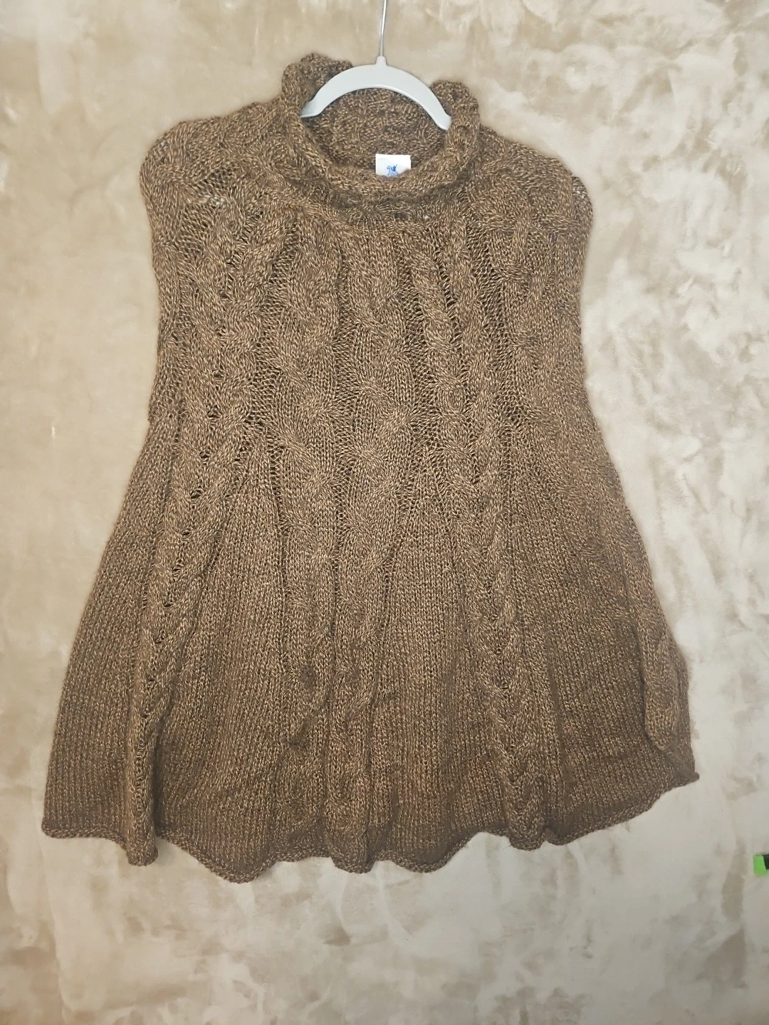 Viqui Cable Poncho Turtleneck Sweater Aran Brown Alpaca Wool Womens M Cable Knt