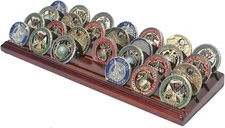 DisplayGifts Challenge Coin Display Stand 4 Row Wooden Holder Rack Case Holds