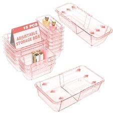 15 Pcs Extendable Clear Drawer Organizer, All Adjustable Vanity Storage Box, ...
