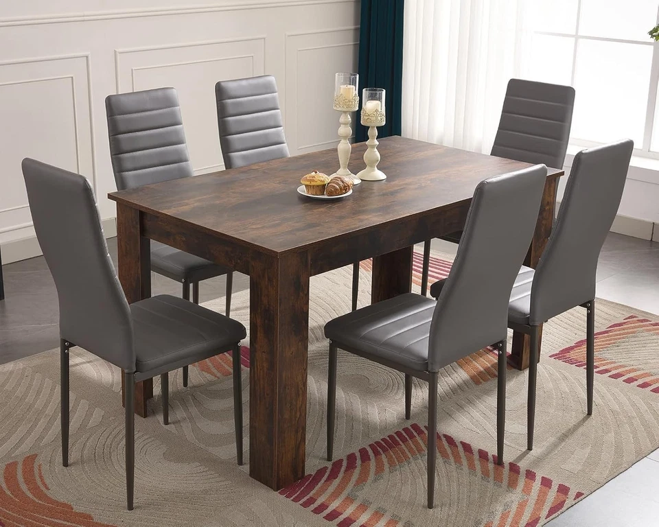Modern 6-Piece PU Leather Dining Table Set Grey Chairs 140x80x75cm - Image 2 of 4