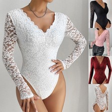 Ladies Lace V Neck Bodysuits Tops Shirts See Through Stretchy Leotard Jumpsuits