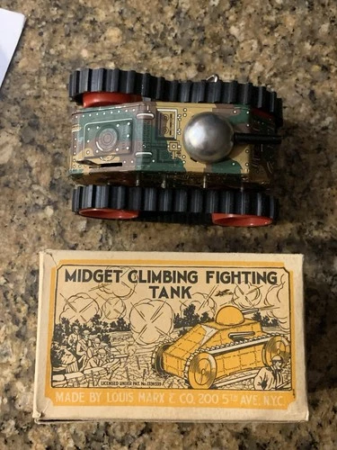 Vintage 40s 50s Louis Marx Tin Litho Climbing Fighting Tank Works W/Original Box