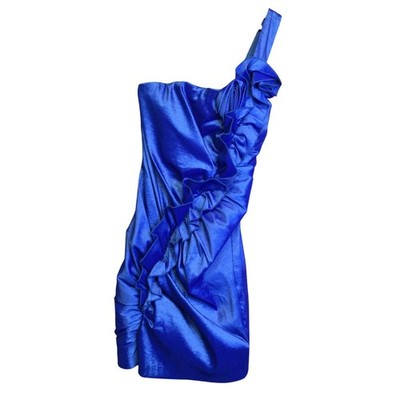 90s Y2K One Shoulder Blue Ruffled Cocktail Mini Dress Size 3 Bodycon Party Shiny