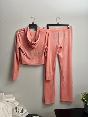 Size S JUICY COUTURE Velour Tracksuit Bling Hoodie & Pants Strawberry Ice NWT